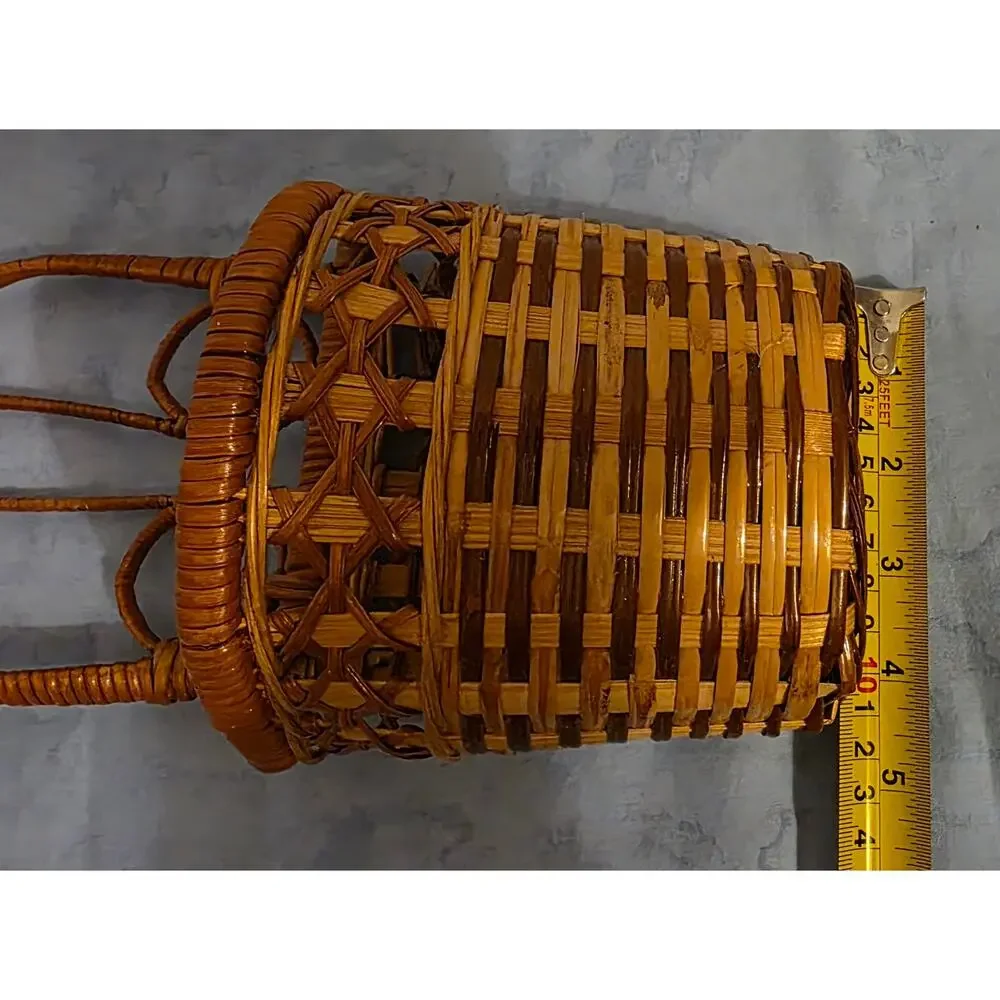 Vintage Wicker Basket Tall Handle Decorative Rattan Boho Cottagecore 10